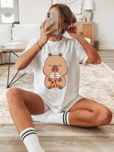 T-shirt personnalisé respirant en Spandex/Coton pour femme avec logo/emblème de chat imprimé sur la poitrine, motif sportif décontracté, dessin animé - Product Image 3