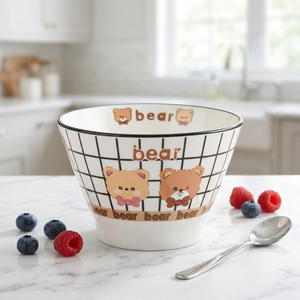 Bol à riz en céramique style mignon dessin animé motif ours à carreaux, design chapeau de paille, 5 pouces, compatible micro-ondes, anti-brûlure, épaissi, écologique - Product Image 2