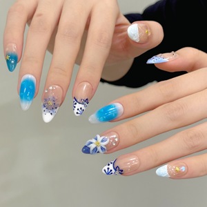 <span class=keywords><strong>Uñas</strong></span> Postizas Estilo Océano Hawaiano con Flores 3D, Forma Almendrada, Hechas a Mano, <span class=keywords><strong>Uñas</strong></span> Falsas con Efecto Degradado - Product Image 4