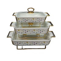 Ensemble de 3 ustensiles de cuisson en céramique : cocotte, plat à four, réchaud à alcool avec support doré
