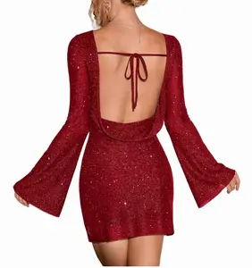 2024 Fashion Ladies Formal Ladies Backless Glisten Long Sleeve Mini Dress