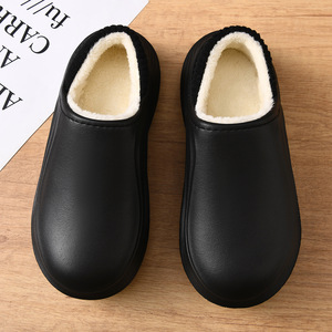 Home Slippers Fleece Lined Thick Sole Warm Slip On Solid Color EVA Flat <b>Heel</b> <b>White</b> Black Gray Light Brown Size 40-45 - Product Image 4