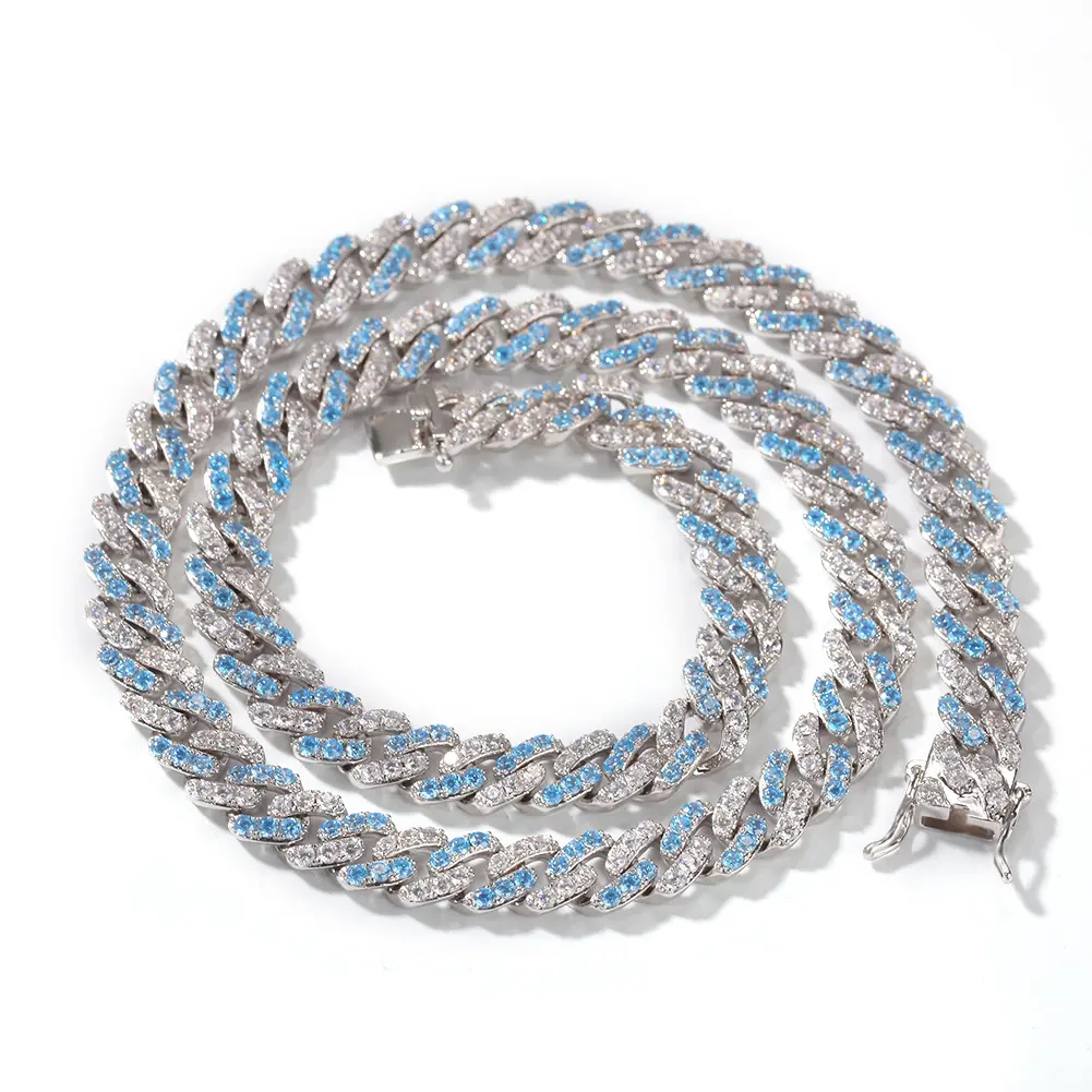 Customized Rhodium Plated 3a Crystal Blue Zircon Micro Pave Copper Brass Cuban Link Chain Necklace For Men And Women