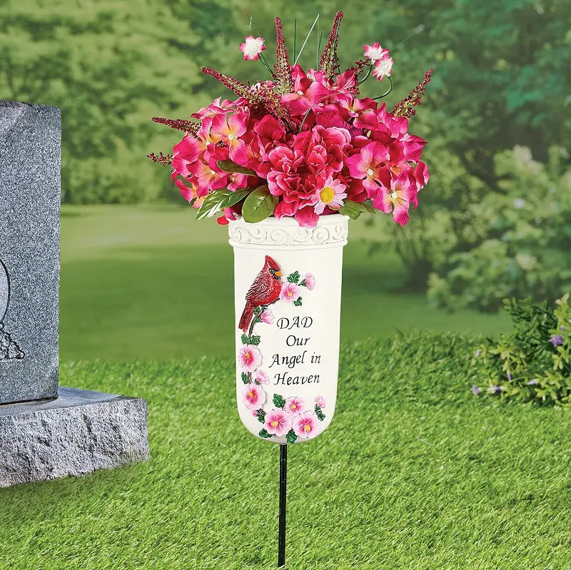 Garden Decoration Polyresin Our Angel in Heaven Memorial Vase Garden Stake for Real or Faux Flowers