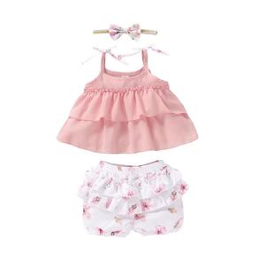 Children Wear Layers of Ruffle Suspender Top Floral Printed Shorts Polyester <b>Toddler</b> Girl Clothes - Product Image 2