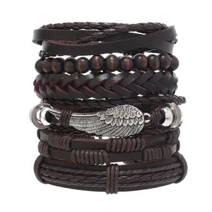 6 Layers Hand String Wooden Beads Multilayer Wings Charm Pu Leather Bracelet