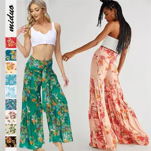 Spring and summer new print loose casual trousers beach wide leg pants strappy pants for women