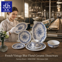 Service de table en céramique bleu vintage français avec motif de fleurs de bégonia en relief, assiettes à dîner, tasse à café et soucoupe, vaisselle pour la maison et la cuisine