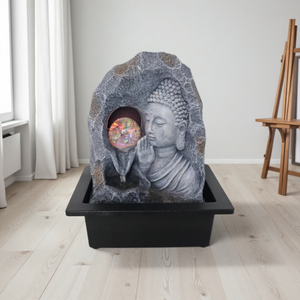 <span class=keywords><strong>Fontaine</strong></span> en résine sculptée en forme <span class=keywords><strong>de</strong></span> tête <span class=keywords><strong>de</strong></span> <span class=keywords><strong>Bouddha</strong></span> Lotus avec jardin zen flottant, élément d'eau pour l'aménagement paysager extérieur, Feng Shui et décoration contemporaine - Product Image 3