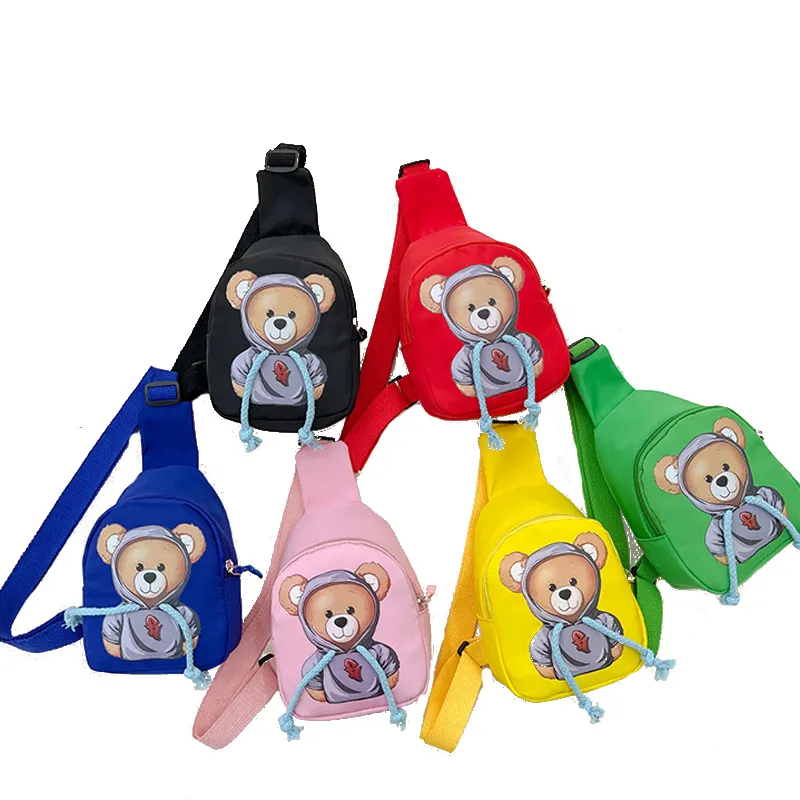 2022 new fashion adjustable kids cartoon bear printing crossbody chest bag unisex nylon Belt Bag Travel Phone Pouch