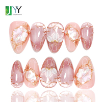 Faux ongles de luxe à presser, courts, forme amande, en acrylique nude, avec paillettes irisées et motifs coquillage, faits main, en gel 3D, vente en gros