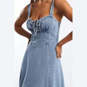 Nouvelle Robe en Jean Décontractée à Col Cœur, Buste Froncé, Dos Noué, Longueur Midi pour Femme - Product Image 4