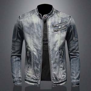 High Quality Fashion Trend Handsome Personality Long Zipper <b>Motorcycle</b> Denim <b>Jacket</b> Stand Collar Men's <b>Vintage</b> - Product Image 1