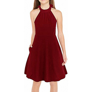 Hot Bán Cô Gái Của Halter Cổ Mùa Hè Giản Dị <span class=keywords><strong>Sundress</strong></span> A-Line Ăn Mặc Với Túi Cho 4-12 Năm - Product Image 1