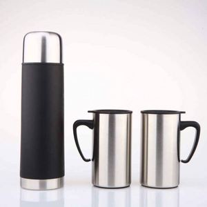 Stainless Steel Vacuum Flask <b>Set</b> with 2 <b>Mugs</b> Double Wall Insulated Travel Thermos Minimalist Design for Adults - Product Image 1