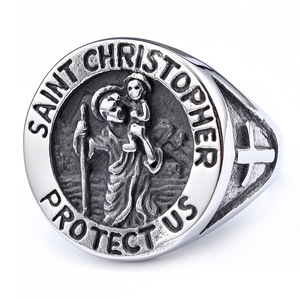 Bague Vintage Saint-<span class=keywords><strong>Christophe</strong></span> en Acier Titane, Bague Chevalière Ronde, Bague Saint-<span class=keywords><strong>Christophe</strong></span> Protège-nous - Product Image 5