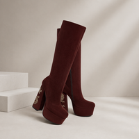 Bottines hautes en daim bordeaux avec broderie de dragon, talons hauts épais, plateforme, nouveau style chinois, chaussures de soirée pour femmes
