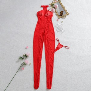 Bodystocking en maille transparente à rayures verticales, col halter, entrejambe ouvert, noir et rouge, tailles S-L - Product Image 6