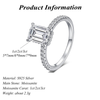 Vente en gros de bijoux fins en argent sterling 925, bague en moissanite taille émeraude VVS D 1ct/2ct/3ct, mariage pour femmes, rhodié, fêtes