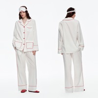Ensemble de pyjama pour femme bleu doux à manches longues avec masque pour les yeux, en mélange de lyocell et de coton, col à revers cranté, pantalon à jambes larges