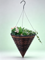 Panier suspendu en ciment brun foncé de style américain, sculpté à la main, avec bord en zigzag, 3 crochets métalliques, pour l'intérieur et l'extérieur, jardin, fleurs