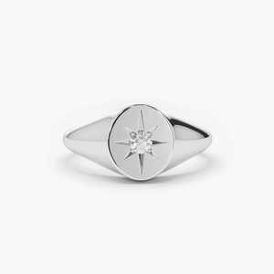 Bague signet étoile en or massif 14 carats avec diamants naturels taille brillant pour femme, 0,08 carat, plaqué rhodium, certifiée par un tiers - Product Image 2