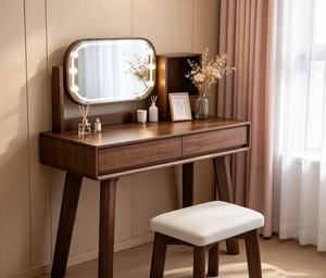 Premium Walnut Dressing <b>Table</b> Set Adjustable Oval LED <b>Mirror</b> Side Open Storage Cabinet Makeup <b>Vanity</b> With Stool - Product Image 4