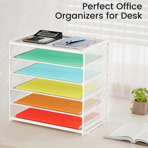Organisateur de bureau en maille pour accessoires de bureau, organiseur de poste de travail, plateau à lettres à 6 niveaux, organisation de bureau, blanc - Product Image 5
