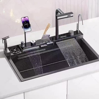 Évier de cuisine en acier inoxydable 304 à cascade, cuve unique, intelligent avec support pour téléphone, pour la maison