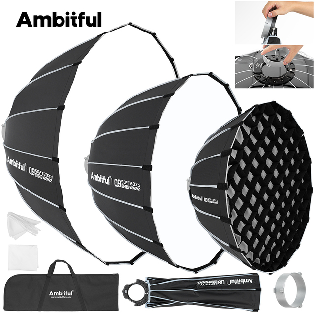 Ambitful Q9 Series Softbox Q9-60 Q9-90 Q9-120 New Quickly Release Parabolic Deep Soft Box Grid for Bowens Mount Flash LED Light
