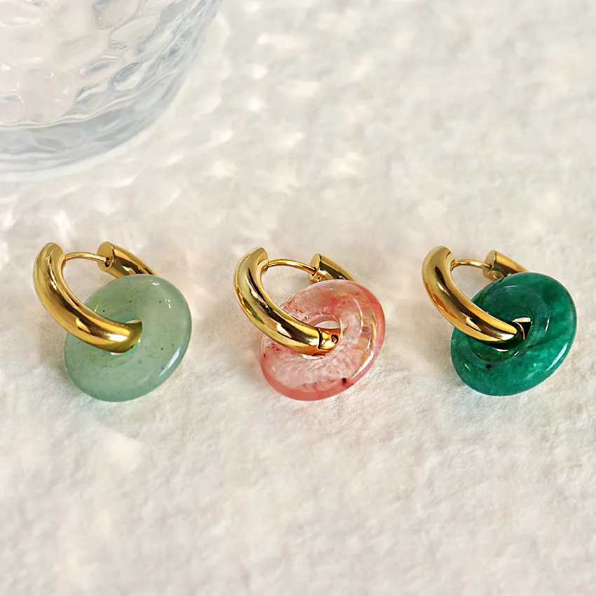New Fashion Colorful Natural Stone Earrings Stainless Steel 18k Gold Plated Hypoallergenic Pink Green Circle Huggie Hoop Earring