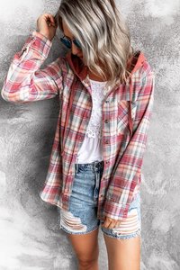 Chemise isolée d'automne pour <span class=keywords><strong>femme</strong></span> veste en flanelle surdimensionnée à <span class=keywords><strong>carreaux</strong></span> avec capuche - Product Image 6