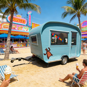 Blue Food Trailer With Cat <b>Decal</b> And <b>Window</b> Sign For Beach Use - Product Image 1