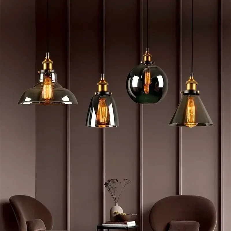 Vintage Adjustable Pendant Light Decorative Hanging Remote Control LED Metal Glass Ball Lamps for Kitchen Island Restaurant