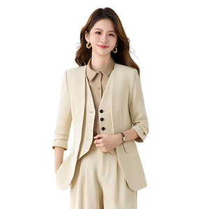 Women's Apricot Business Suit Set Solid Color Polyester Wool Blend Autumn Winter Workwear Formal Wear - Product Image 5