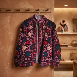 Elegante Chaqueta de Terciopelo Bordada para Mujer, con Estampado Floral, Cuello Alto, Manga Larga, Estilo Bohemio Otoñal, Frente Abierto, Color Granate - Product Image 1