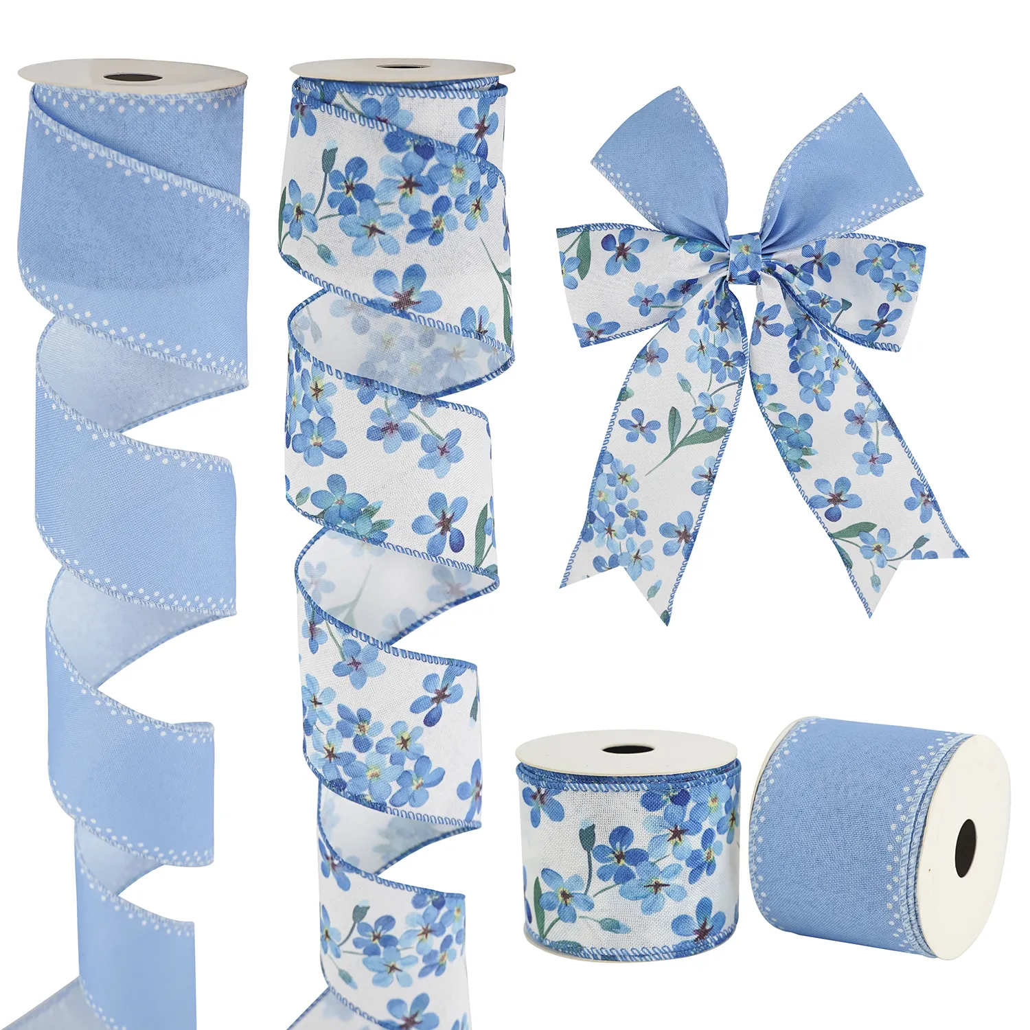 2.5 Inch Custom Printed Myosotis 63mm Burlap Summer Pattern White and Blue Wired Edge Ribbon Floral For Wreath Bow Gift Wrapping