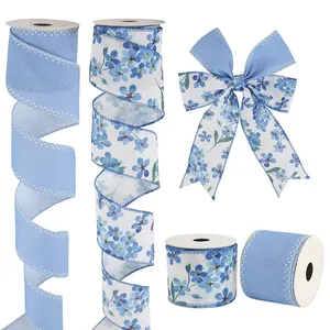 Fita floral para embrulho de presente com laço de guirlanda, estampa personalizada Myosotis 63 mm, estampa de verão branco e azul com borda com fio, de 2,5 polegadas