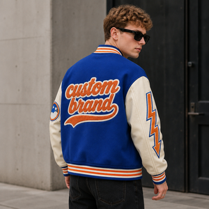 <span class=keywords><strong>Giacca</strong></span> Varsity ODM da Uomo Blu Royal <span class=keywords><strong>Beige</strong></span> Pesante con Ricamo Grafico, Corpo in Lana e Maniche in <span class=keywords><strong>Pelle</strong></span>, <span class=keywords><strong>Giacca</strong></span> Letterman - Product Image 3