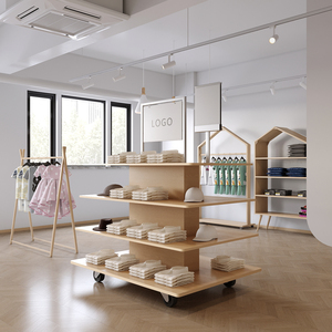 อุปกรณ์ติดตั้งร้านค้าแบรนด์ผ้าสําหรับเด็กไม้ 4 ชั้นยืนแสดงสินค้าสินค้าบนโต๊ะแสดงโฆษณาพร้อมล้อ - Product Image 2