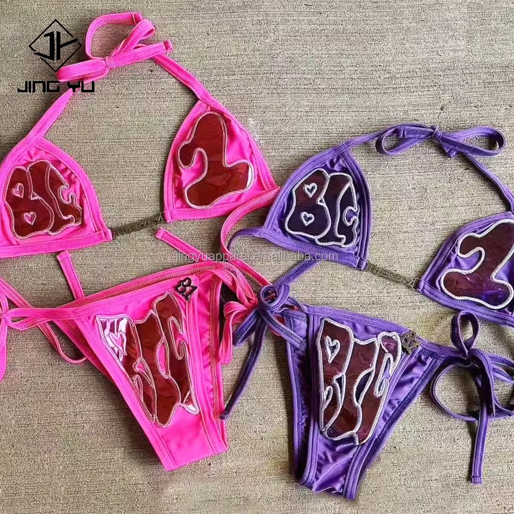 Pakaian renang wanita Bikini disesuaikan dengan tambalan bordir pakaian renang Bikini pinggang tinggi pakaian Pantai Set Bikini String dua potong 2024