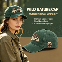Gorra de Béisbol Unisex Vintage Lavada con Bordado de Oso y Pata de Pino Salvaje, Ajustable con Cierre a Presión y Visera Curva