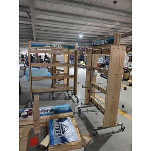 Factory Custom Retail Store Supermarket Wooden Hanging Hat Slipper <strong>Display</strong> Stand <strong>With</strong> Metal <strong>Hooks</strong> and Wheels - Product Image 5