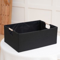 Boîte de rangement pliable en tissu noir avec poignées en bois, bac de rangement pliable en lin pour la maison, le placard et les étagères