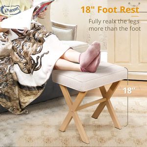 Taburete de tocador de maquillaje de lino cuadrado moderno, patas X plegables, pequeño asiento otomano de madera, reposapiés acolchado para dormitorio, hogar, vida suave - Product Image 2