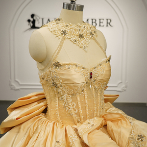 Lsdz001 Vestido de Quinceañera Vintage con Cuello Halter, Dorado Champán Brillante, con Recortes, Apliques de Encaje de Cristal y Cola Watteau de Gasa - Product Image 4