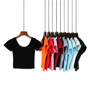 Delle donne di Colore Solido Girocollo Manica Corta Del Manicotto Della Ragazza Del Cotone del Commercio All'ingrosso Ombelico Breve <span class=keywords><strong>Palestra</strong></span> Casuale Crop Tops T-Shirt - Product Image 1