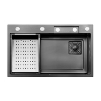 Évier de cuisine en acier inoxydable noir avec robinet cascade, robinet extractible et accessoires multifonctions