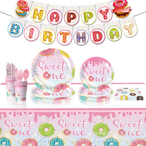 Articles de fête Donut : Vaisselle en papier 40-60 pièces, décorations d'anniversaire écologiques, impression numérique ronde - Product Image 3