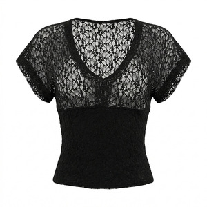 Viviblook J26TP051 Blusas Casuales para Mujer, Nuevas, Sexys, de Color Sólido, Cuello en V, Encaje, Ajustadas, de Manga Corta, para Mujer - Product Image 5